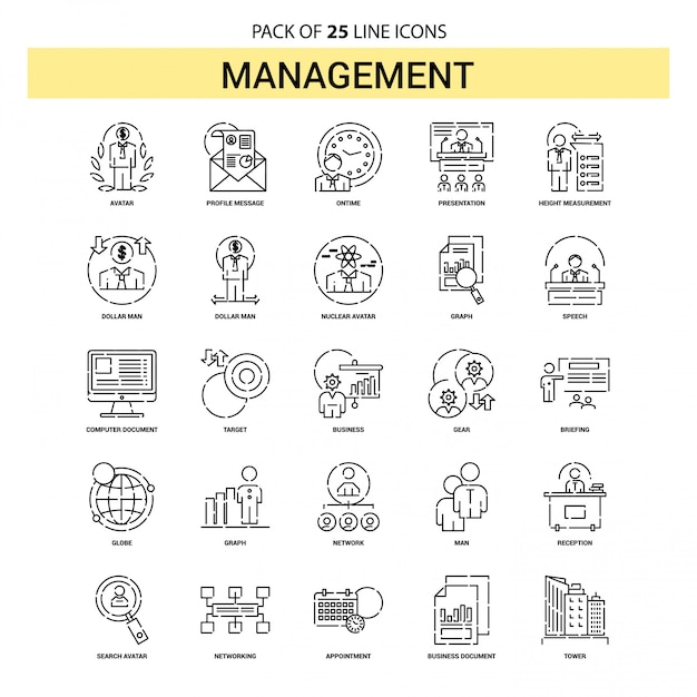 Management line icon set - 25 dashed outline style
