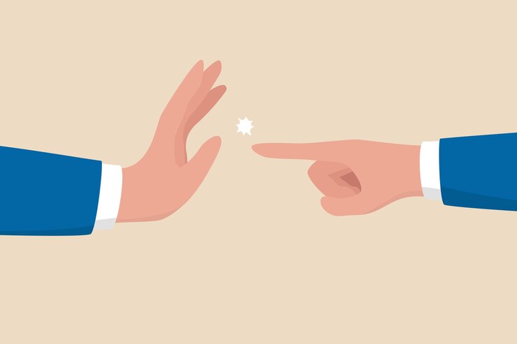 Vector management skill to stop or compromise disagreement conflict, business war, fight, dispute, argument or negotiation concept, businessman hand one pointing at other and another one with stop gesture.