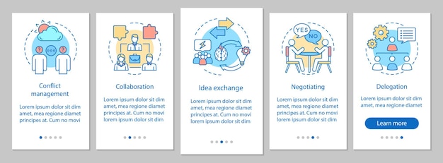 Competenze e qualità di gestione durante l'onboarding del modello di vettore della schermata della pagina dell'app mobile. passi del sito web di procedura dettagliata per l'occupazione con illustrazioni lineari. negoziare. ux, ui, gui concetto di interfaccia per smartphone