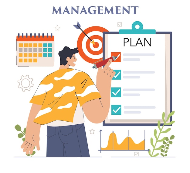 Vector management successful strategy development and business planning motivation and leadership project manager company ceo idea flat vector illustration