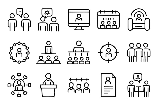 Managementvergadering Conferentie gerelateerde bewerkbare icoon set geïsoleerde platte vector illustratie witte achtergrond