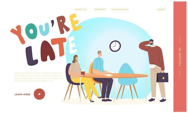 manager being too late on meeting landing page template. unpunctual character wear sloppy clothes scratching head front of business colleagues sit at office desk. cartoon people vector illustration