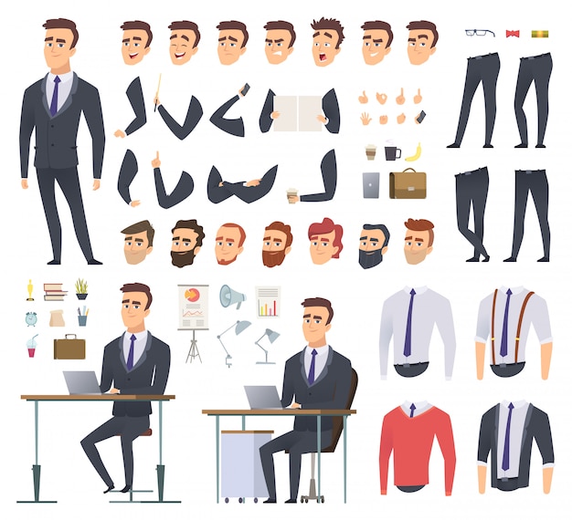 Manager creation kit. Businessman office person arms hands clothes and items male character animation project