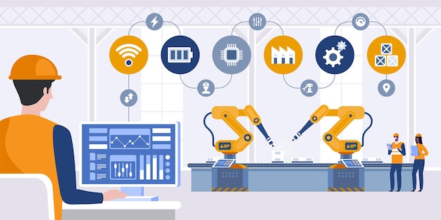 manager engineer check and control automation robot arms machine
