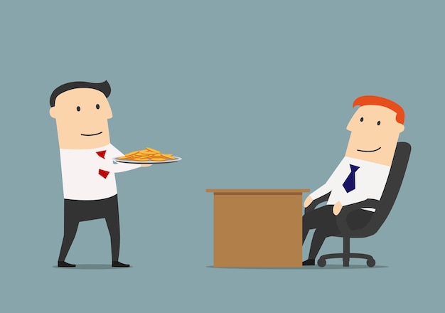 Manager giving profit on a silver platter to boss