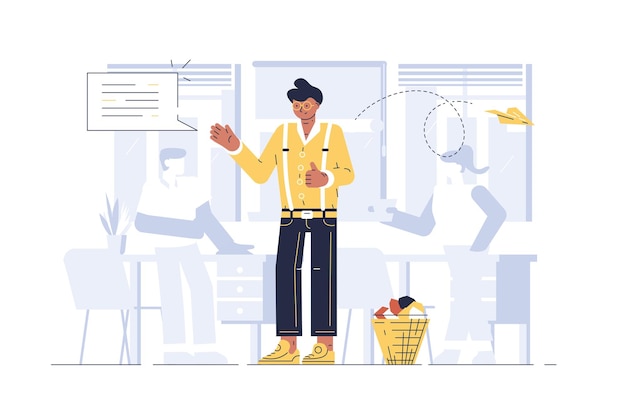 オフィスのベクトル図のマネージャー プロセス フラット スタイルのコンセプトを作業する人々 と議論する男クライアントに対応するカジュアルな服を着た労働者背景にコーヒーを飲む同僚