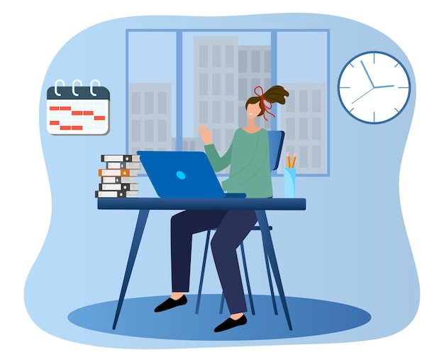 Vector the manager is at work a female businessman at a desk working on a laptopflat vector illustration