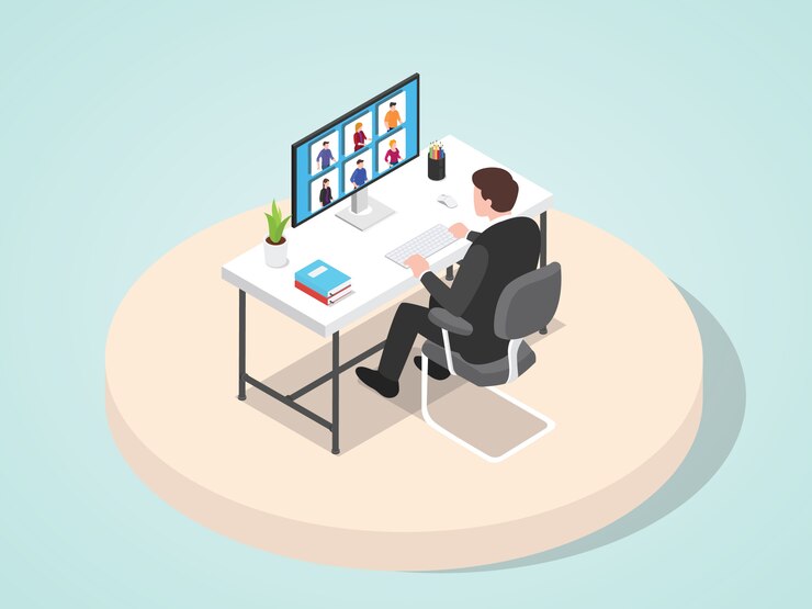 Vector manager lead meeting work presentation his staff through video conference flat cartoon style.