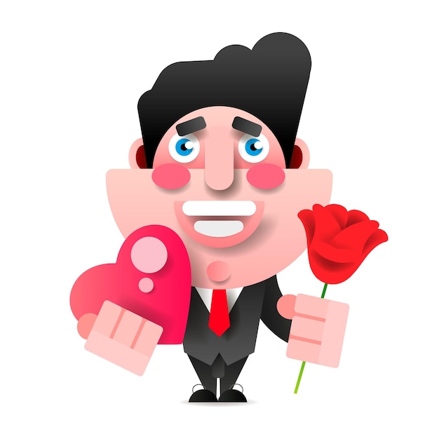 Manager of zakenman met bloemen en cadeau. gelukkige verjaardag, valentijnsdag. vectorillustratie in papierstijl.