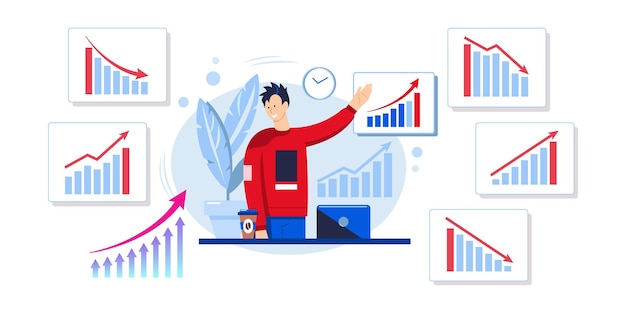 Manager in the office shows the graph growth bar chart set of graph growth bar charts