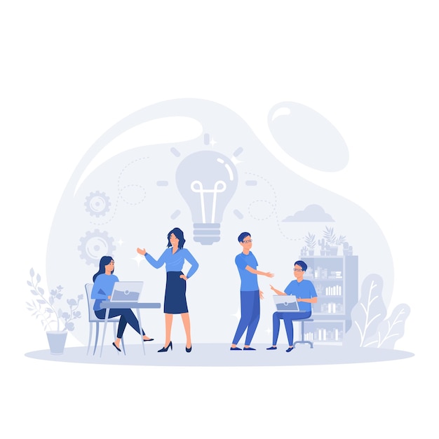 Manager at remote work searching for new ideas solutions working together in the company brainstorming flat vector modern illustration