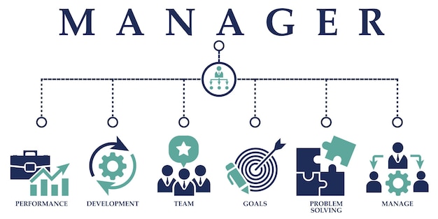 Manager solid icon of performance development team goals problem solving and manage
