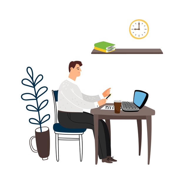 Manager at work. Man sits at table and works with documents vector illustration