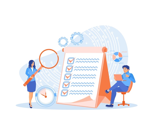 Vector managers and assistants analyze teamwork complete work on time project management concept flat vector illustration