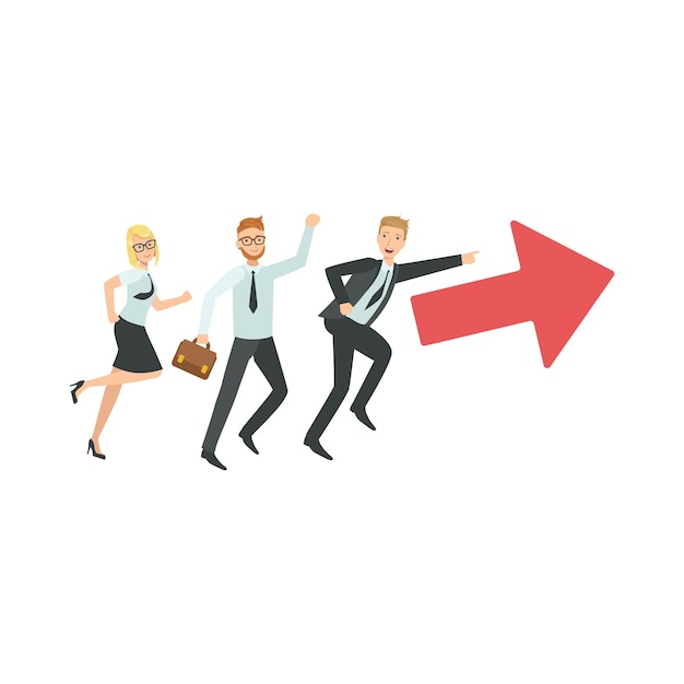 managers running in pointed direction teamwork illustration