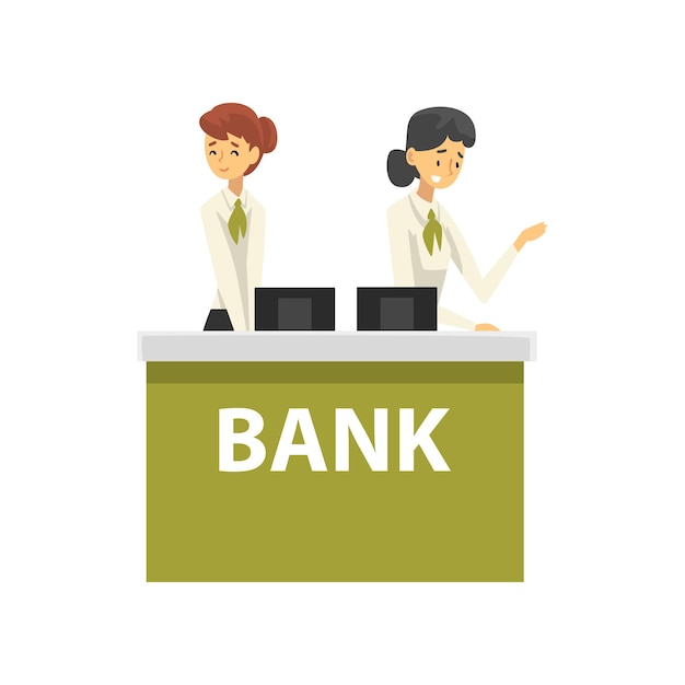 은행 사무실의 리셉션 데스크에서 일하는 관리자 여성 은행 직원들이 고객에게 서비스를 제공하는  ⁇ 색 배경의  ⁇ 터 일러스트레이션