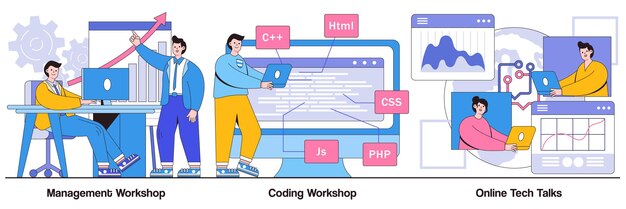 Managers workshop coding workshop online tech talks concept with people characters it digital education abstract illustration pack programming course app and games development class metaphor