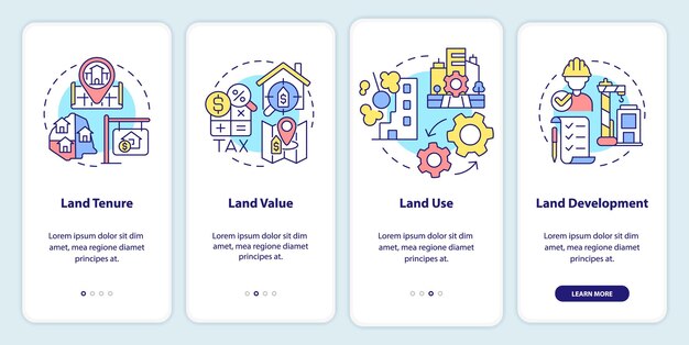 managing processes onboarding mobile app screen land tenure and value walkthrough 4 steps graphic instructions pages with linear concepts ui ux gui template myriad probold regular fonts used