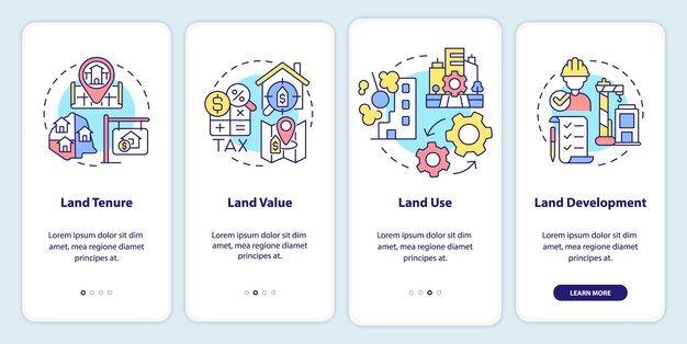 Managing processes onboarding mobile app screen Land tenure and value walkthrough 4 steps graphic instructions pages with linear concepts UI UX GUI template Myriad ProBold Regular fonts used