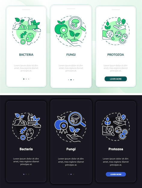 Managing soil microbes night and day mode onboarding mobile app screen