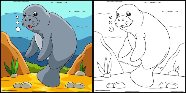 Manatee coloring page colored illustration