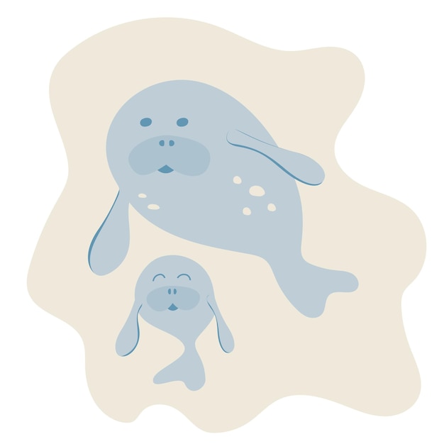マナティーの母親と赤ちゃんのイラスト ホワイト バック グラウンド海の生活のシンプルなイラスト