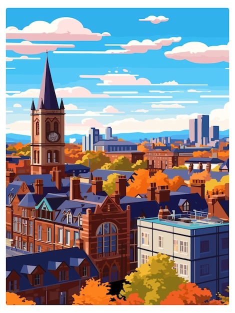 Vector manchester engeland vintage reisposter souvenir briefkaart portret schilderij wpa illustratie