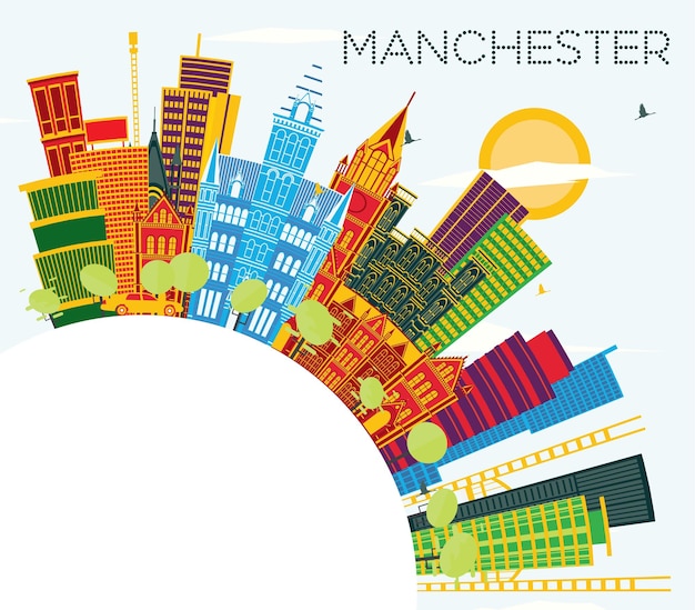 Skyline di manchester con edifici a colori cielo blu e spazio di copia