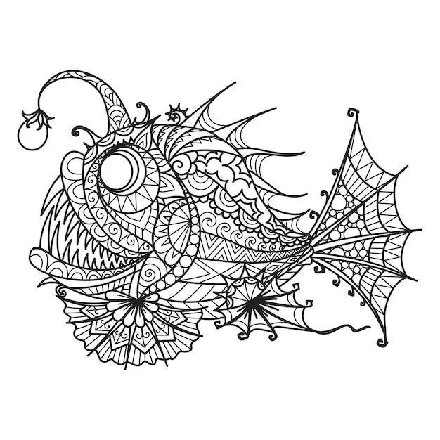 Mandala anglerfish per libro da colorare, stampa su prodotto, taglio laser, incisione e così via. illustrazione vettoriale.