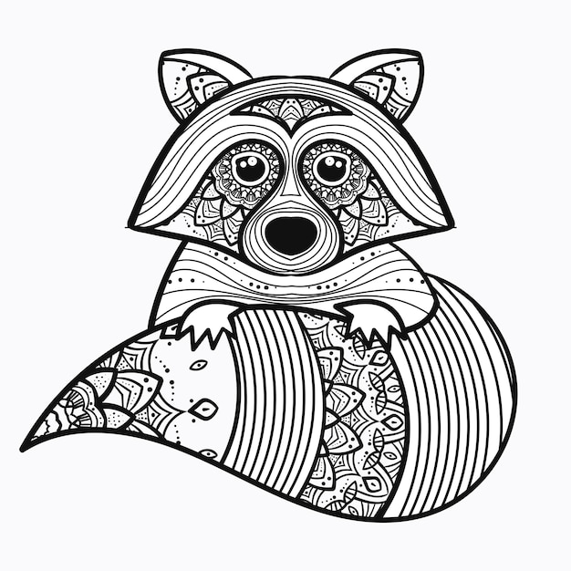 Vector mandala animal illustration for relaxation and zen art racoon isolated