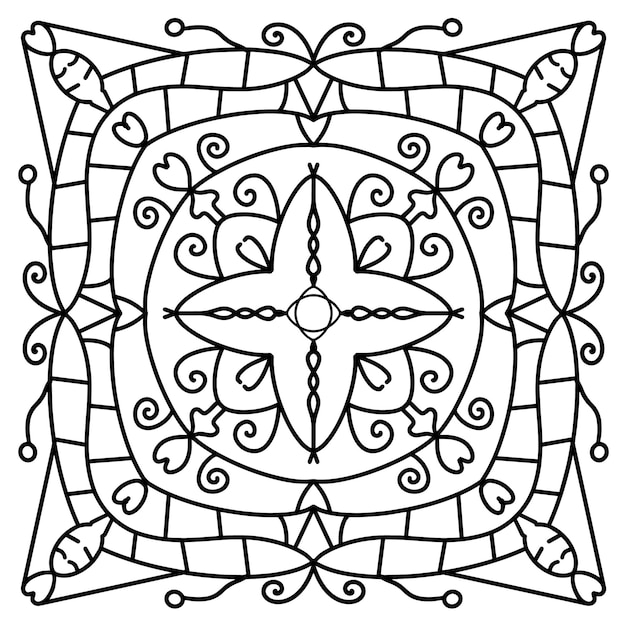 白地に曼荼羅黒の装飾的な要素円形の幾何学的な抽象的な線画