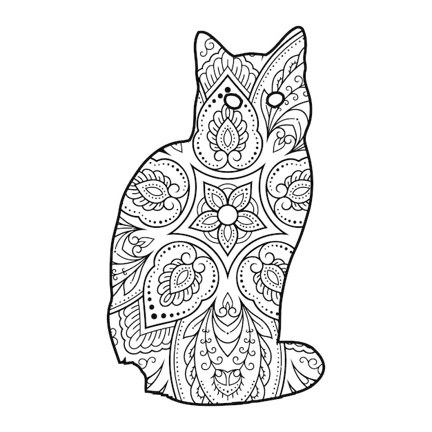 Vector mandala cat coloring page for kids