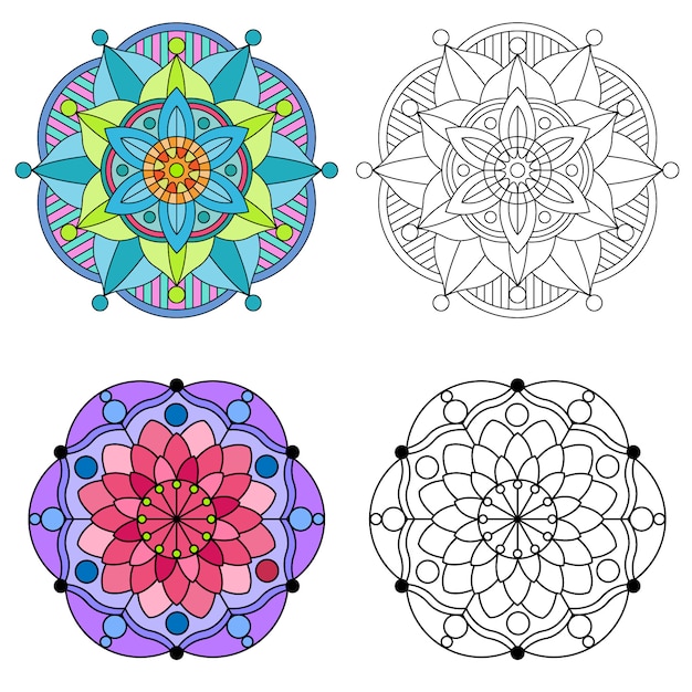 カラフルな花と花の曼荼羅丸飾り2スタイルを着色マンダラ。
