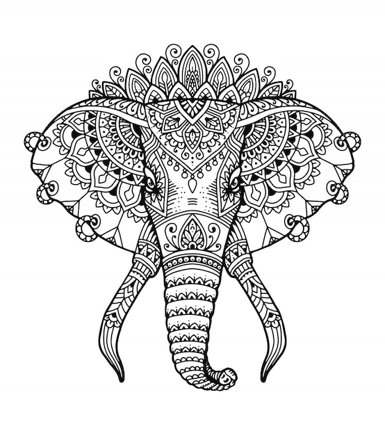 Libro da colorare testa di elefante mandala