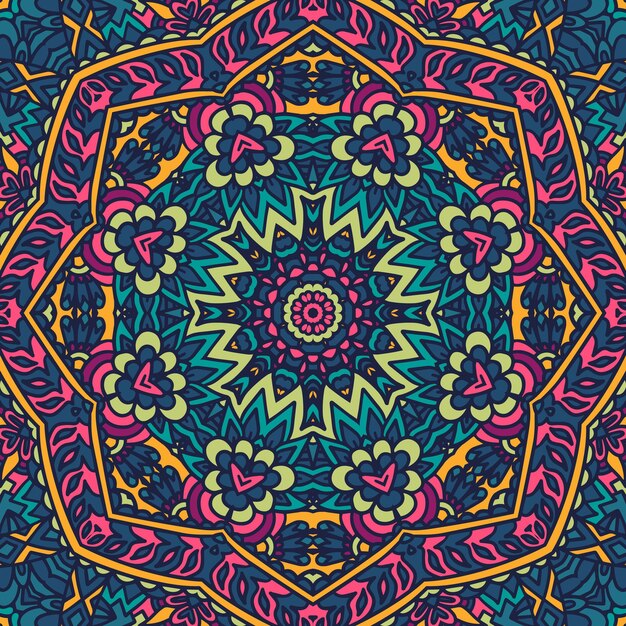 Modello senza cuciture di arte floreale etnica mandala stampa geometrica vettoriale in stile doodle di carnevale