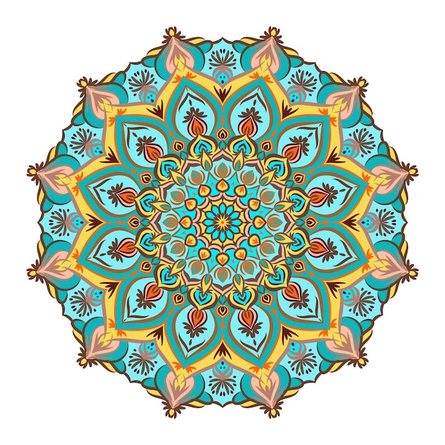 Fiore di mandala nei toni del marrone giallo blu modello orientale l'ornamento rotondo su sfondo bianco