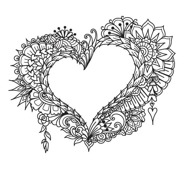 Mandala heart shape frame for printing, engraving or coloring book. Vector illustration