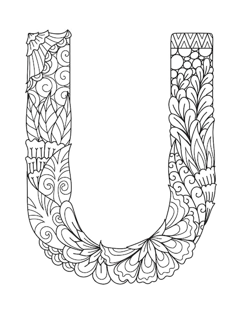 Mandala letter U monogram, volwassen kleurboek, gravure ontwerp.