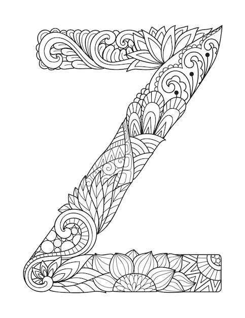 Monogramma della lettera z della mandala, libro da colorare per adulti, disegno dell'incisione.