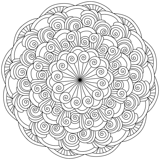 Mandala met veel spiraalvormige krullen en vloeiende lijnen zen kleurboek pagina vectorillustratie