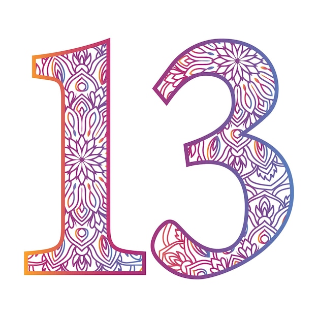 Mandala number letter with colorful ornamental design gradient color number