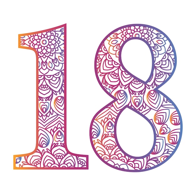 Mandala number letter with colorful ornamental design gradient color number