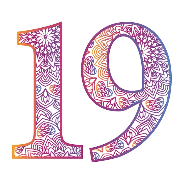 Lettera numero mandala con numero di colore sfumato di design ornamentale colorato