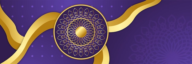 Мандала шаблон фиолетовый и золотой красочный широкий баннер дизайн фона