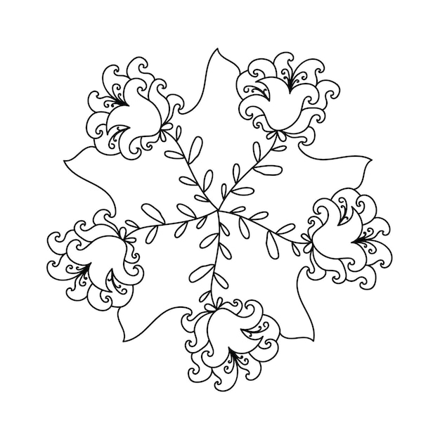 Круглый узор мандалы с травяными деталями. Ажурный орнамент. Элемент декоративного дизайна. Духовный символ гармонии. Раскраска для взрослых