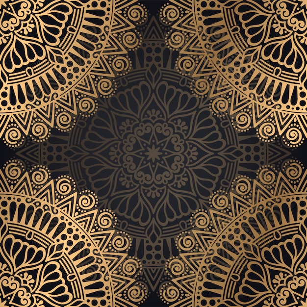黒と金色のマンダラのシームレスなパターン背景デザイン