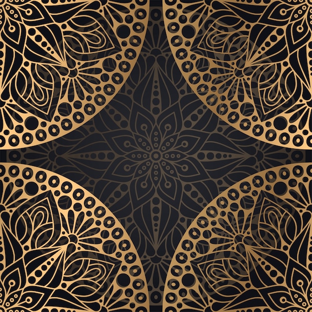 Вектор Мандала бесшовные узор фона в черном и золотом цвете