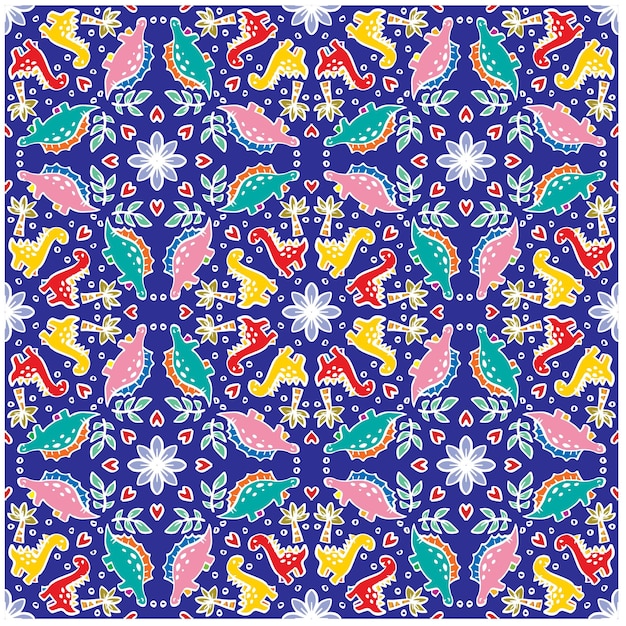 Mandala seamless pattern with cute dinosaur