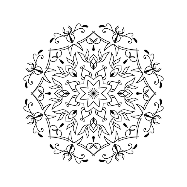 Mandala silhouette print for adult coloring book. decorative floral ornament outline illustration.