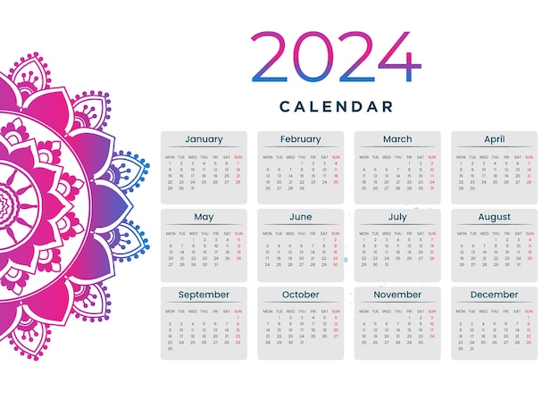 Vettore disegno di sfondo del calendario del nuovo anno 2024 in stile mandala